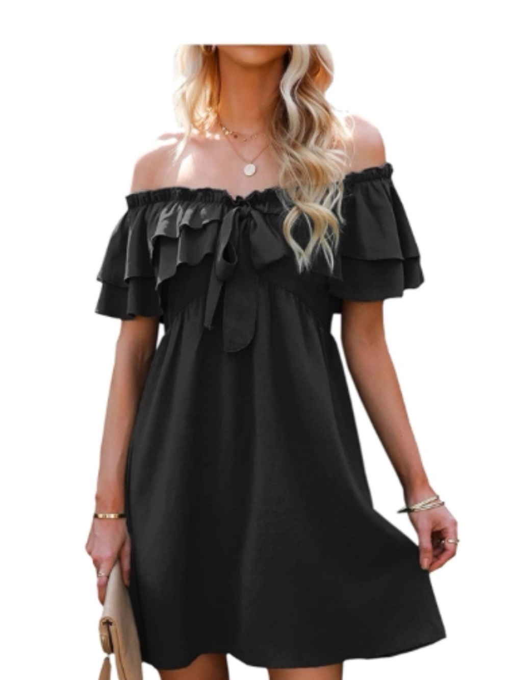 Black Off-Shoulder Ruffle Tie-Front Mini Dress